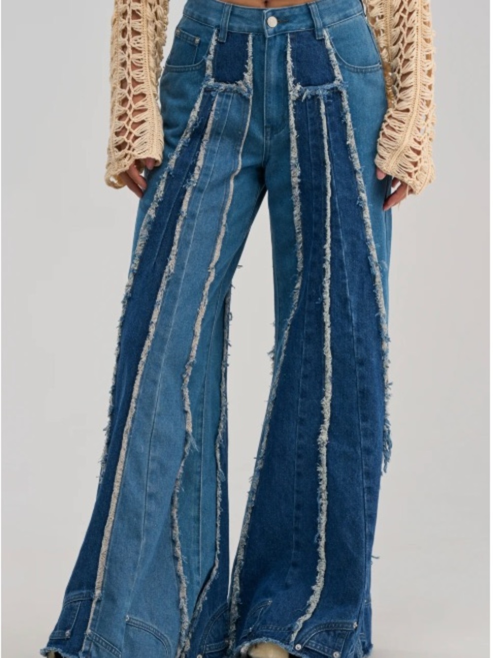 AKIRA Patchwork Distressed Wide Leg Flare Jeans Blue Multi Size M NWT